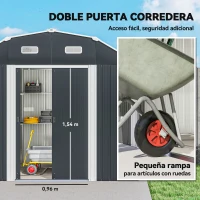 Outsunny Caseta de Exterior Metálica 2,7 m² 238x132x198,5 cm con Base Estantes Ajustables 2 Puertas Corredizas y 2 Ventanas Gris(m-5)