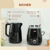 HOMCOM Wasserkocher- und Toaster-Set, 1,7 L, verschiedene Funktionen, Edelstahl, Schwarz(m-7)