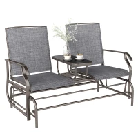 Outsunny 2 Seats Garden Glider Bench, Metal Frame Loveseat with Glass Top  Centre Table, Porch Rocking Glider for 2 Person, for Deck, Patio, Brown/ Grey(m-10)