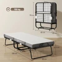 HOMCOM Cama Plegable 200x80 cm con 4 Ruedas, Cama de Camping Portátil, con Colchón Individual de 10 cm, Marco de Acero, Carga 150 kg, para Dormitorio, Salón, Oficina, Blanco(m-3)