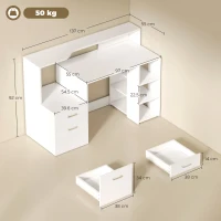 HOMCOM Scrivania con 2 cassetti, scaffali aperti e mensola per stampante, 137x55x92 cm, Bianco(m-3)