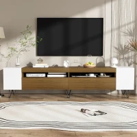 Meuble TV avec aspect bois, 2 compartiments ouverts, étagères latérales, 180x36x43 cm, Blanc+Couleur naturelle(m-5)