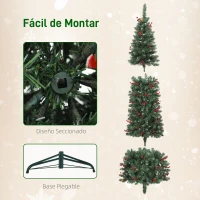 HOMCOM Árbol de Navidad Artificial Estrecho 230 cm con Luces LED 7 Modos de Iluminación 761 Ramas Piñas Bayas y Soporte Verde(m-7)