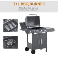 Outsunny 3+1 Burner Gas BBQ Grill, Outdoor Barbecue Trolley with Wheels, Warming Rack, Side Shelves, Cabinet, Thermometer for Garden, Party, Camping, 110L x 50W x 100Hcm, Grey(m-5)