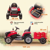 AIYAPLAY Tracteur électrique enfants avec remorque amovible, voiture électrique enfants, télécommande 2,4G, 139x58x55cm, rouge(m-3)