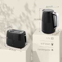 HOMCOM Wasserkocher- und Toaster-Set, 1,7 L, verschiedene Funktionen, Edelstahl, Schwarz(m-3)