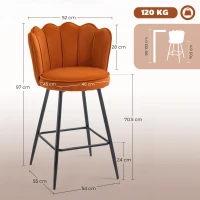 HOMCOM Set of Two Velvet-Feel Lotus Bar Stools - Orange(m-3)