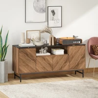 HOMCOM Mueble TV hasta 65 pulgadas mueble tele madera con compartimento abierto y pasacables, efecto mármol, 140x39x66cm, nogal(m-5)