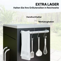 HOMCOM Küchenwagen mit Rollen, Servierwagen, Rollwagen mit Schrank, Haken und Edelstahlgriffe, Küchenhilfe, BBQ Grilltisch aus Edelstahl Küchentrolley, 86 x 50 x 86,5 cm Schwarz(m-6)