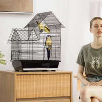 PawHut Cage à oiseaux design maison mangeoires perchoirs balançoire 2 portes plateau excrément amovible + poignée transport métal noir(m-2)