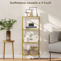 HOMCOM Mobiletto Scaffale a 4 Livelli Minimal in Metallo e Vetro Temperato, 40x30x96.5 cm, color Oro(m-4)
