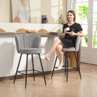 HOMCOM Set of Two Velvet-Feel Lotus Bar Stools - Grey(m-8)