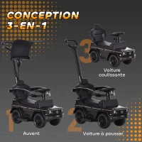 HOMCOM Porteur Enfants Voiture Enfant Multi-équipée 12-36 Mois klaxon Marche-Pieds, Garde-Corps et ombrelle Noir(m-4)