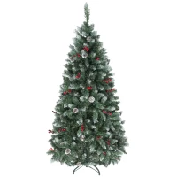 HOMCOM Albero di Natale Alto 180 cm da Interno con 620 Rami, Pigne e Bacche Rosse, Base in Metallo, Verde(m-10)
