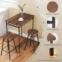 HOMCOM Mesa Alta de Cocina con 2 Taburetes Industrial Estante Abierto Reposapiés Ahorro de Espacio para Espacios Reducidos(m-7)