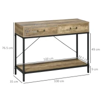 HOMCOM Tavolo Consolle Stile Vintage in Metallo e Legno con 2 Cassetti e Mensola, 100x35x76.5cm, Marrone(m-3)