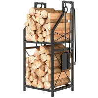 Outsunny Suporte Metálico para Lenha 2 Níveis com 4 Ferramentas Ganchos e Base Elevada para Interior e Exterior 34x30x80 cm Preto(m-11)