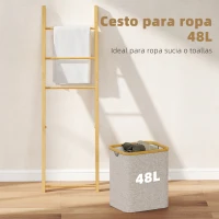 HOMCOM Estantería para Baño de Bambú Toallero de Pie con 3 Barras Cesto para Ropa Sucia Extraíble de 48 L Crema(m-5)