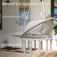 Outsunny Hanging Chair Outdoor Hammock Chair with Soft Cushion, Cotton Rope Boho Style Swing Chair, Hanging Garden Swing Seat for Indoor Outdoor, Cream White(m-5)