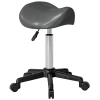 HOMCOM Sgabello Girevole a Sella con Ruote e Altezza Regolabile, Imbottito e Rivestito in Finta Pelle, Grigio(m-1)