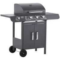 Outsunny 3+1 Burner Gas BBQ Grill, Outdoor Barbecue Trolley with Wheels, Warming Rack, Side Shelves, Cabinet, Thermometer for Garden, Party, Camping, 110L x 50W x 100Hcm, Grey(m-11)