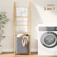 HOMCOM Estantería para Baño de Bambú Toallero de Pie con 3 Barras Cesto para Ropa Sucia Extraíble de 48 L Gris(m-4)