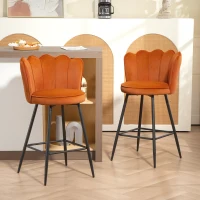 HOMCOM Set of Two Velvet-Feel Lotus Bar Stools - Orange(m-2)