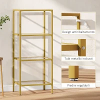 HOMCOM Mobiletto Scaffale a 4 Livelli Minimal in Metallo e Vetro Temperato, 40x30x96.5 cm, color Oro(m-6)