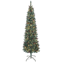 HOMCOM Árbol de Navidad Estrecho 210 cm con Luces LED 8 Modos de Iluminación Ramas con Purpurina Plateada Piñas Bayas Verde