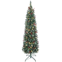 HOMCOM Árbol de Navidad Artificial Estrecho 180 cm con Luces LED 7 Modos de Iluminación 461 Ramas Piñas Bayas y Soporte Verde(m-10)