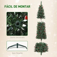 HOMCOM Árbol de Navidad Estrecho 210 cm con Luces LED 8 Modos de Iluminación Ramas con Purpurina Plateada Piñas Bayas Verde(m-7)