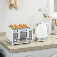 HOMCOM Ensemble bouilloire et grille-pain, bouilloire en acier inoxydable 1,7 L et 2200 W et grille-pain à 4 tranches, blanc(m-2)