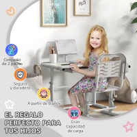 ZONEKIZ Pupitre Infantil Ajustable con 1 Cajón 1 Estante para Libros y Ángulo de Mesa Ajustable 80x49,5x82-104 cm Gris y Blanco(m-4)