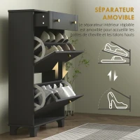 HOMCOM Meuble chaussure entrée étroit avec tiroirs à portes abattants et étagère réglable, 60 x 23,5 x 98,5 cm, noir(m-6)