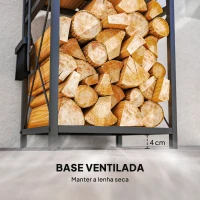 Outsunny Suporte Metálico para Lenha 2 Níveis com 4 Ferramentas Ganchos e Base Elevada para Interior e Exterior 34x30x80 cm Preto(m-6)