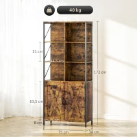 HOMCOM Estante de 6 Níveis Estante de Livros com Compartimentos Abertos 2 Portas Estilo Industrial 75x34x172 cm Castanho Rústico(m-3)