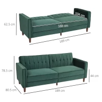HOMCOM Velvet-Feel Three-Seater Sofa Bed - Green(m-3)