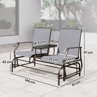 Outsunny 2 Seats Garden Glider Bench, Metal Frame Loveseat with Glass Top  Centre Table, Porch Rocking Glider for 2 Person, for Deck, Patio, Brown/ Grey(m-3)