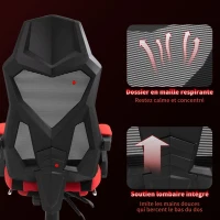 Vinsetto Chaise de bureau fauteuil gaming hauteur réglable dossier roulettes pivotantes repose-pied tissu en maille 58L x 63l x 112-122H cm rouge noir(m-5)