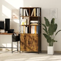 HOMCOM Estante de 6 Níveis Estante de Livros com Compartimentos Abertos 2 Portas Estilo Industrial 75x34x172 cm Castanho Rústico(m-2)