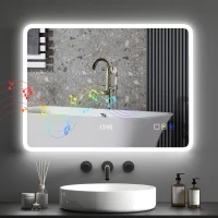 HOMCOM Espelho de Casa de Banho com Luz LED 80x60 cm Bluetooth 3 Cores de Luz Relógio Digital Função Antiembaciamento Função de Memória Prata(m-10)