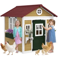 Outsunny Wooden Playhouse with Doors, Windows, Plant Pots, Boxes, for 3-8 Years - Beige(m-10)