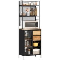 HOMCOM Buffet, armoire de cuisine, plan de travail, porte coulissante, tiroirs et étagères ouvertes, 60x40x180cm, bois naturel(m-10)