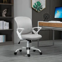 Vinsetto Cadeira de Oficina Ergonômica Basculante com Altura Ajustável Assento Giratório 360° Suporte Lombar e Malha Transpirável 61x61x89-99cm Cinza e Branco(m-2)
