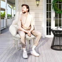 Outsunny Poltrona Sospesa in Stile Boho con Cuscino, in Acciaio, Cotone e Poliestere, 80x60x40 cm, Bianco Crema(m-8)