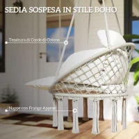 Outsunny Poltrona Sospesa in Stile Boho con Cuscino, in Acciaio, Cotone e Poliestere, 80x60x40 cm, Bianco Crema(m-5)