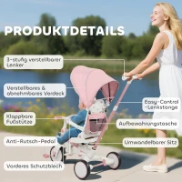 AIYAPLAY Kinder-Dreirad, wandelbarer Baby-Buggy, 5-in-1 Design, abnehmbarer Schiebegriff, verstellbar, Sicherheitsgurt, Aufbewahrungstasche, 1-3 Jahre, Rosa(m-9)