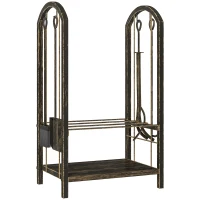 Outsunny Porte-bûches intérieur 43 x 30 x 74cm 2 Ebenen Brennholzregal mit 4 Kaminwerkzeug, Haken(m-7)