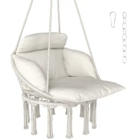 Outsunny Chaise suspendue avec grand coussin rembourré hamac fauteuil suspendu à franges kit de suspension 80 x 60 x 40 cm crème(m-10)