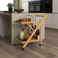HOMCOM Desserte de cuisine en bambou chariot de service pliable 2 plateaux 4 roues 3 casiers à vin 66 x 40 x 70 cm bois naturel(m-7)